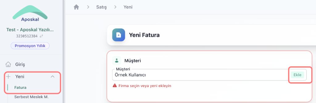 1. Yöntem: Fatura Oluşturma Ekranı Üzerinden Hızlı Cari Ekleme